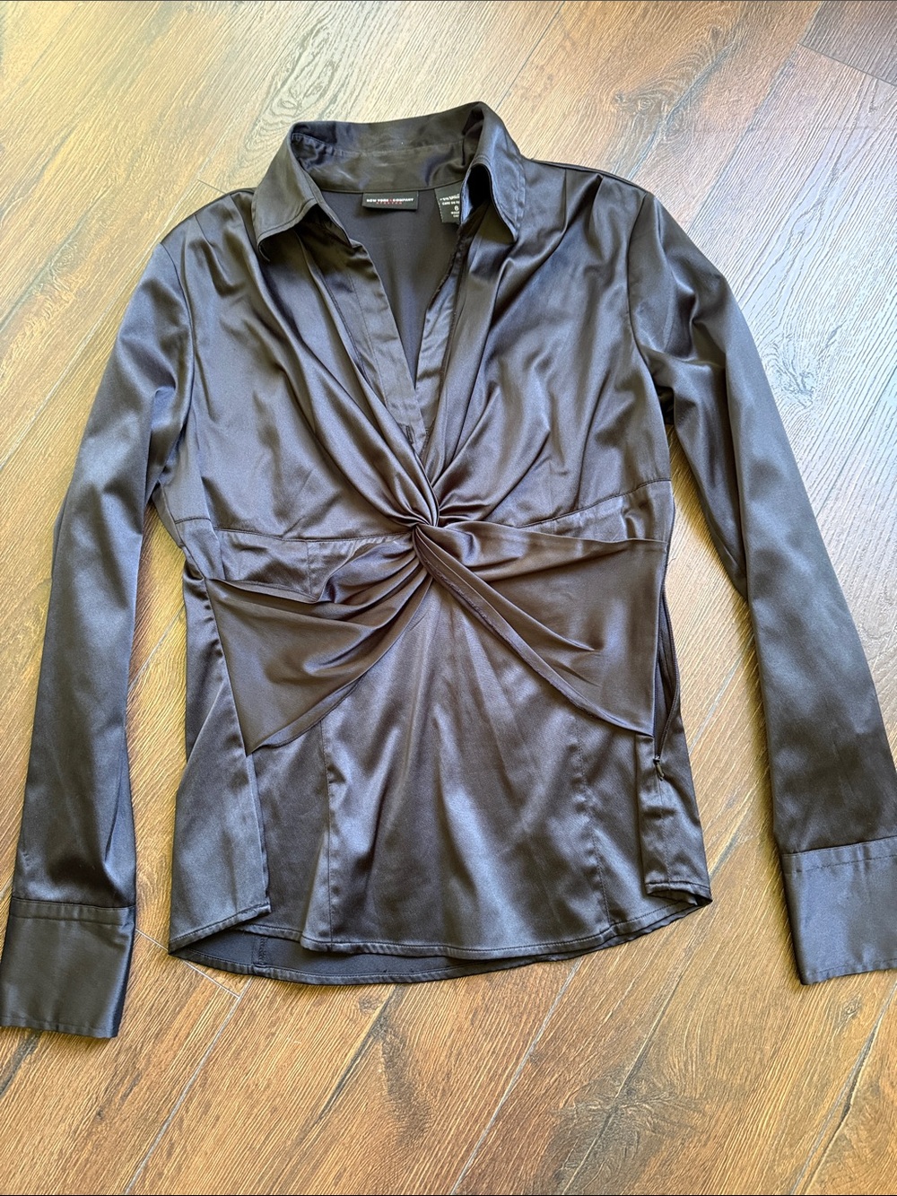 New York & Company Black Satin Twist-Front Button Down Blouse